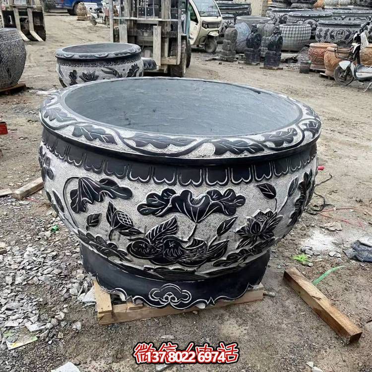 夢(mèng)幻中式庭院青石浮雕荷花養(yǎng)魚(yú)水缸